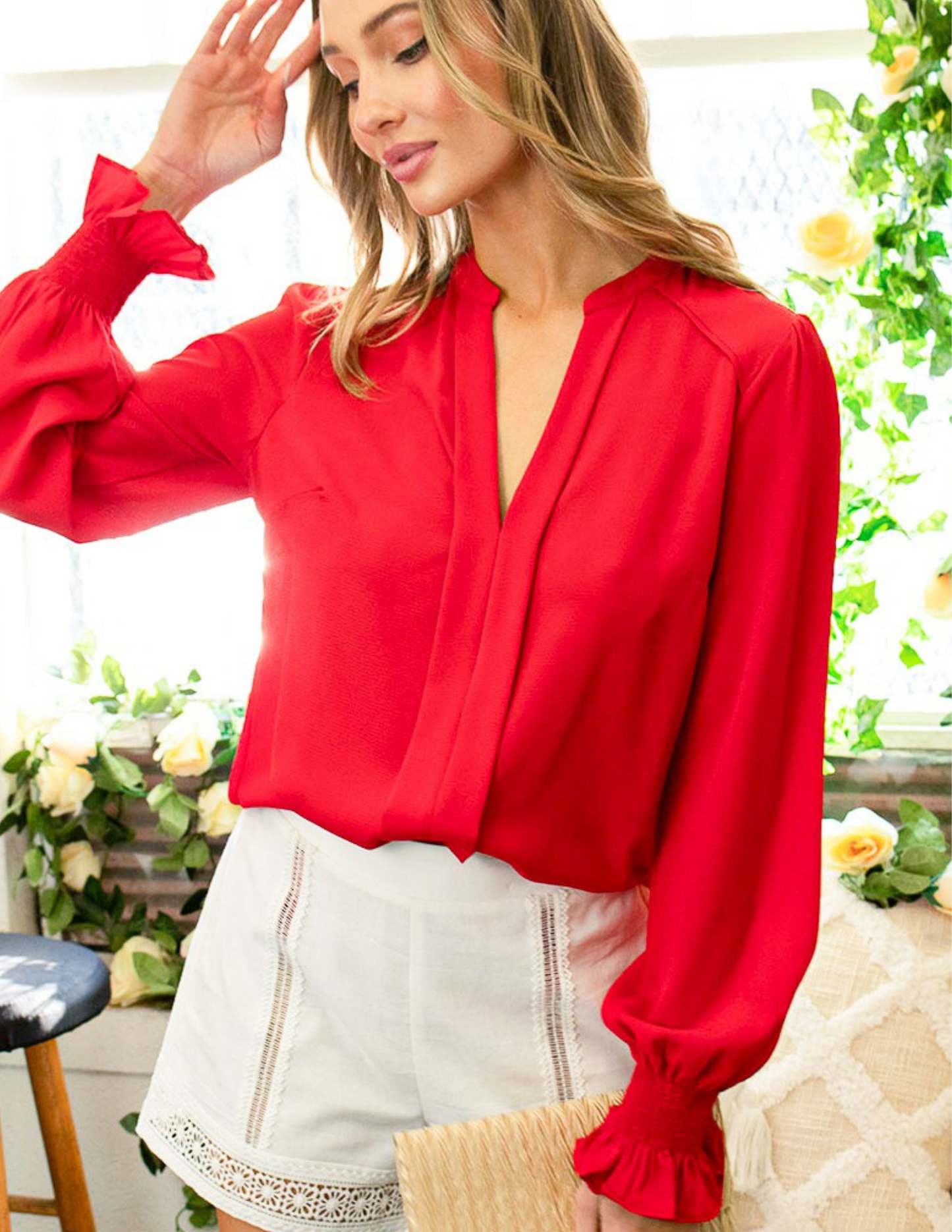V-Neck Balloon Sleeve Smocked Blouse Top- Red