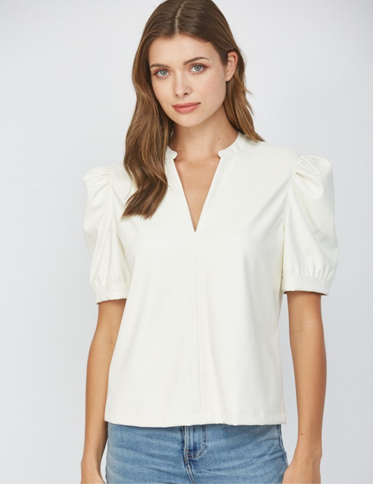 V Neck Faux Leather Top- Cream
