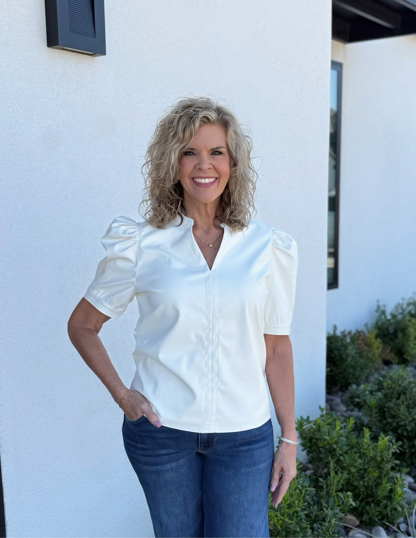 V Neck Faux Leather Top- Cream