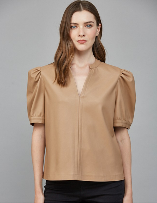 V Neck Faux Leather Top- Latte