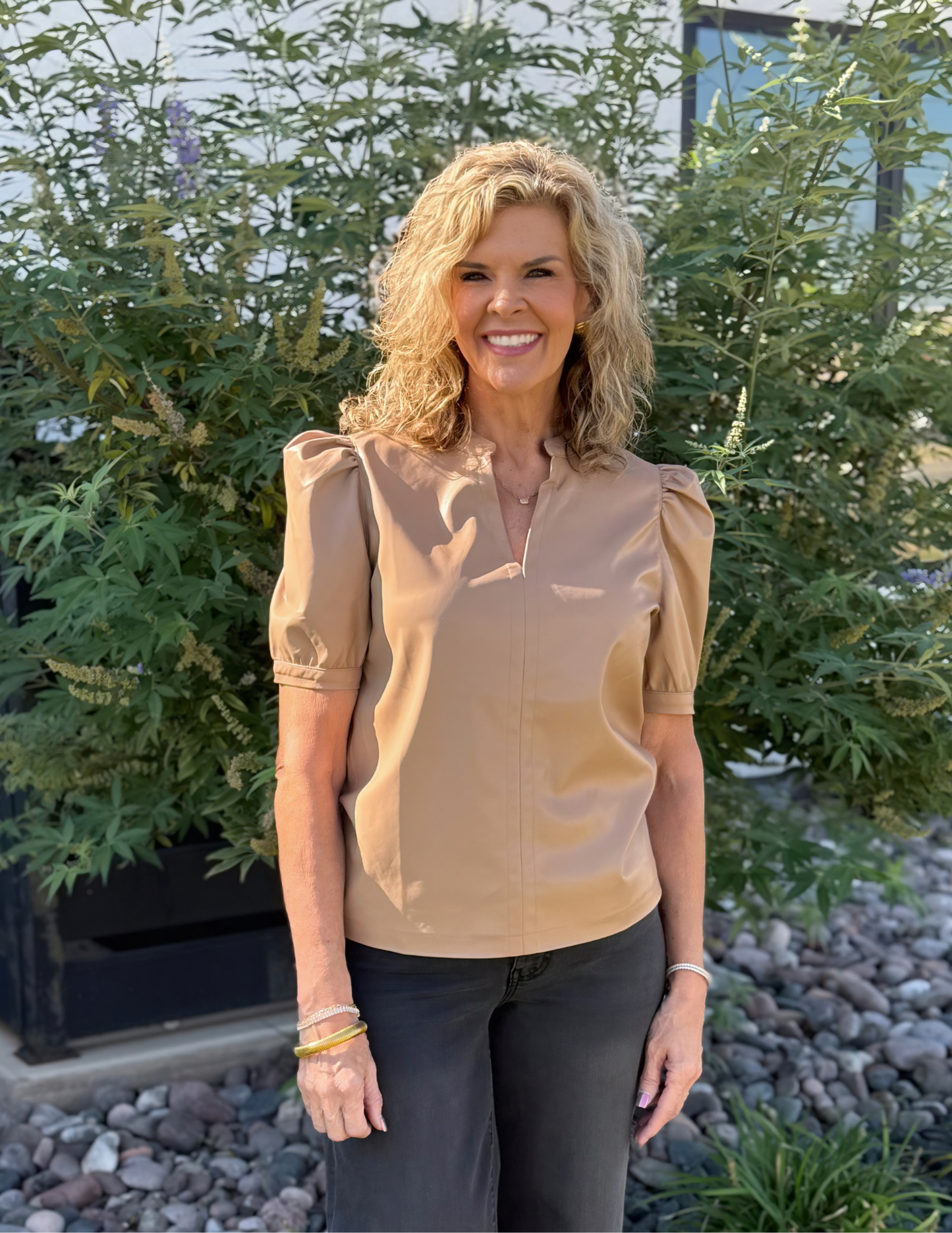 V Neck Faux Leather Top- Latte