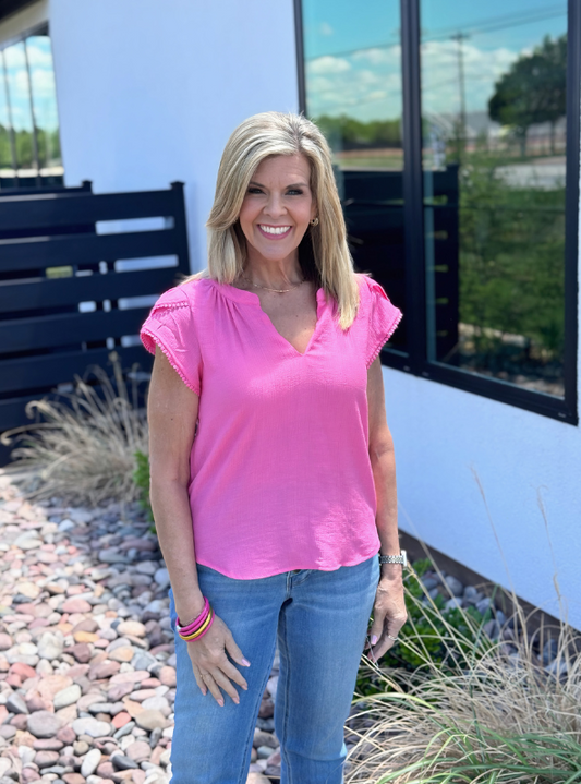 V-Neck Petal Tassel Sleeve Top