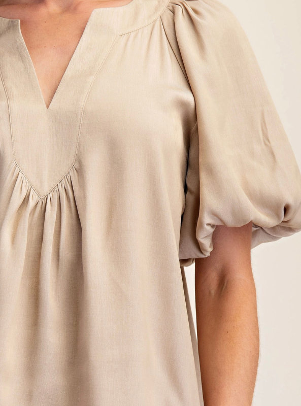 V-Neck Placket Balloon Sleeve Top- Taupe