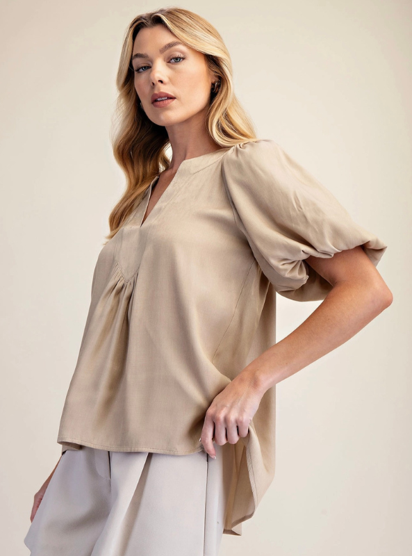 V-Neck Placket Balloon Sleeve Top- Taupe