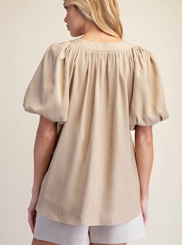 V-Neck Placket Balloon Sleeve Top- Taupe