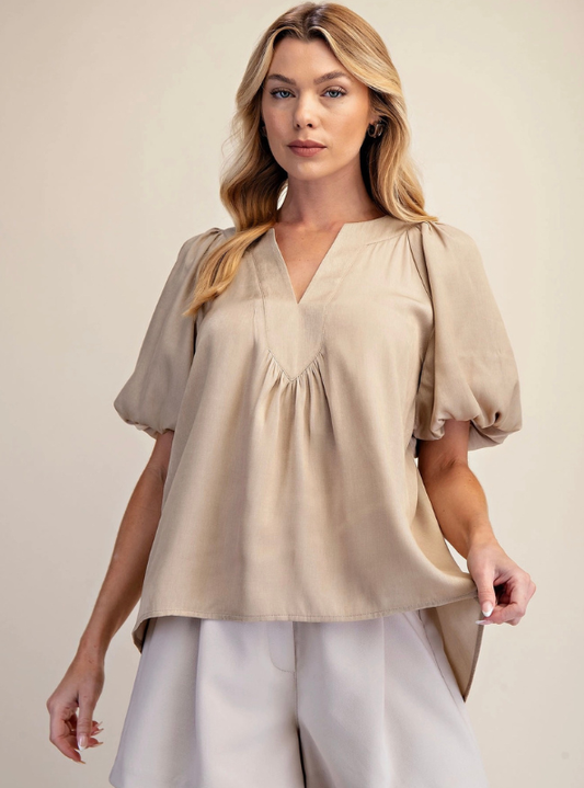 V-Neck Placket Balloon Sleeve Top- Taupe