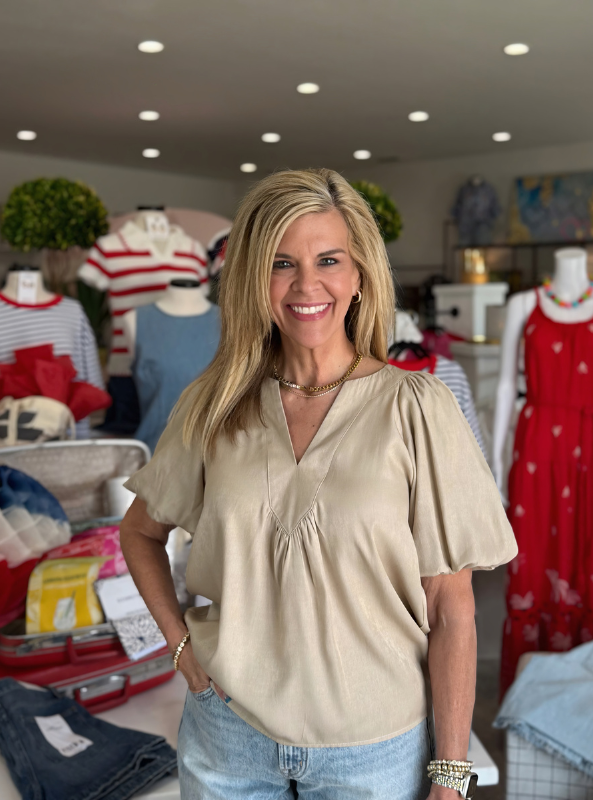 V-Neck Placket Balloon Sleeve Top- Taupe