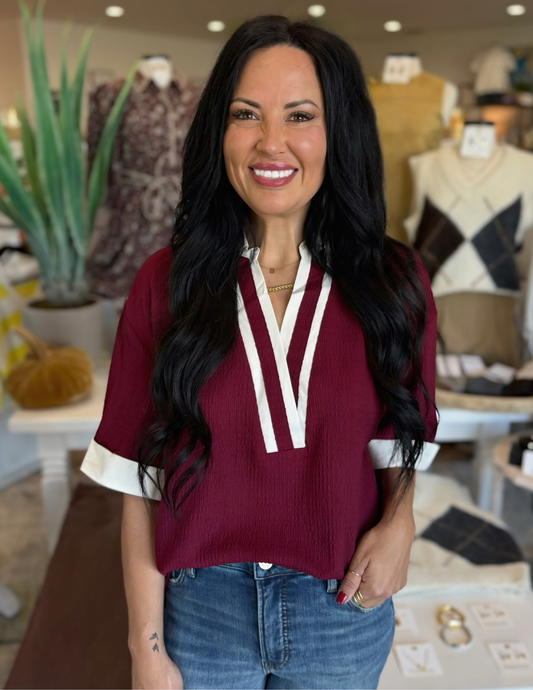 Varsity Vneck Top-Wine & White - Tres Chic Boutique