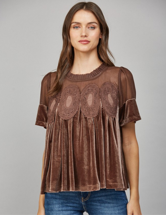 Velvet & Lace Babydoll Top- Choco Brown