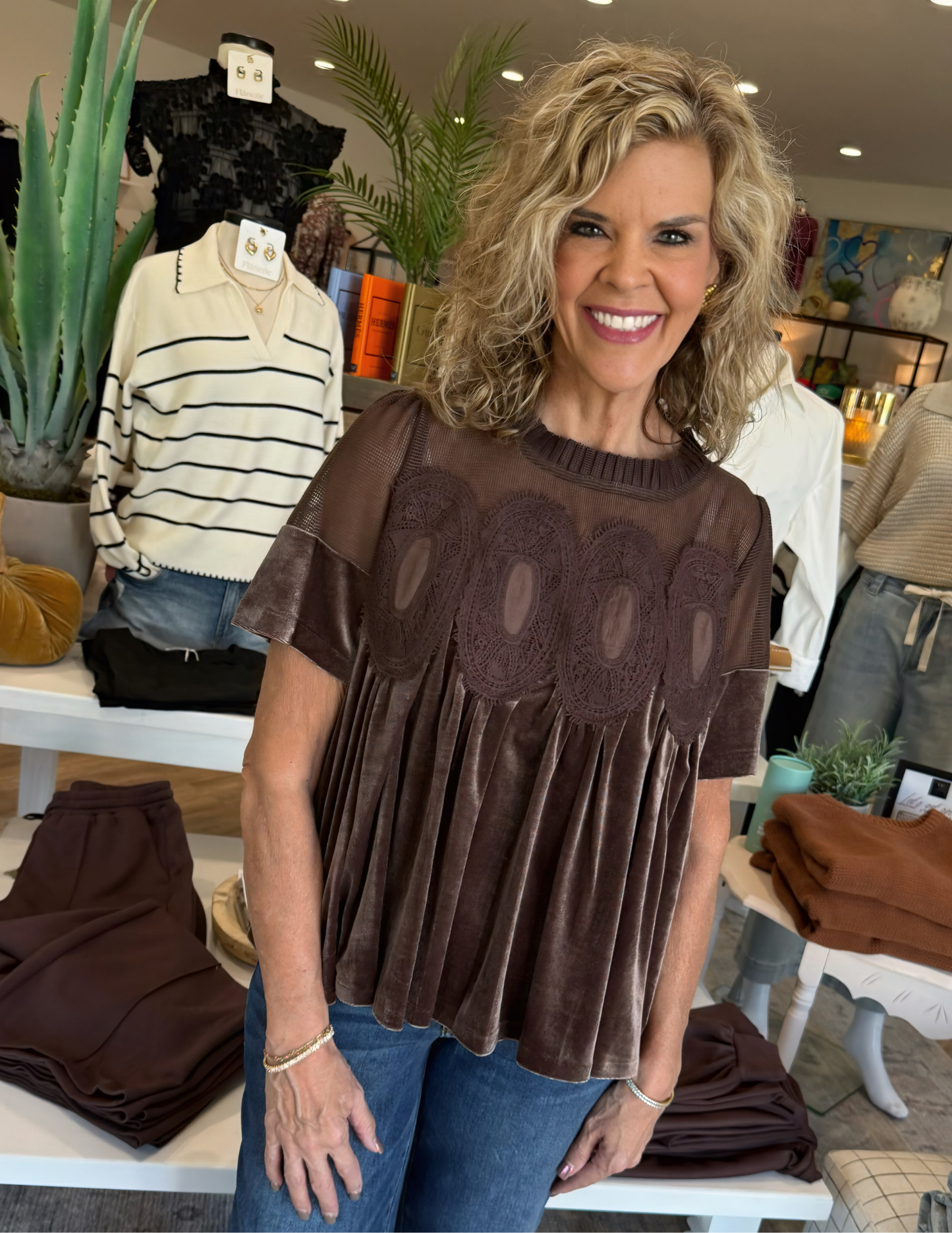 Velvet & Lace Babydoll Top- Choco Brown