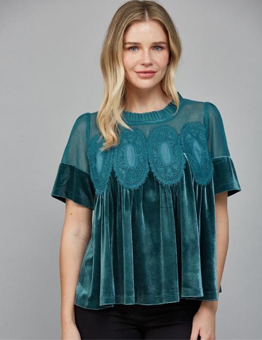 Velvet & Lace Babydoll Top- Teal Green