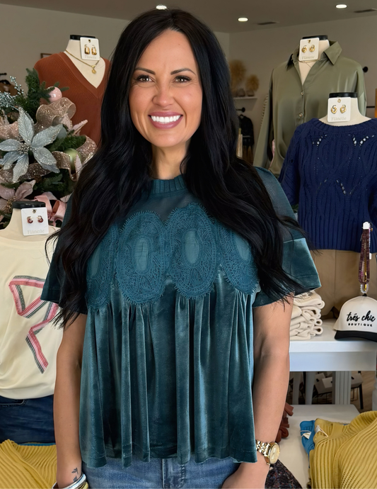 Velvet & Lace Babydoll Top- Teal Green