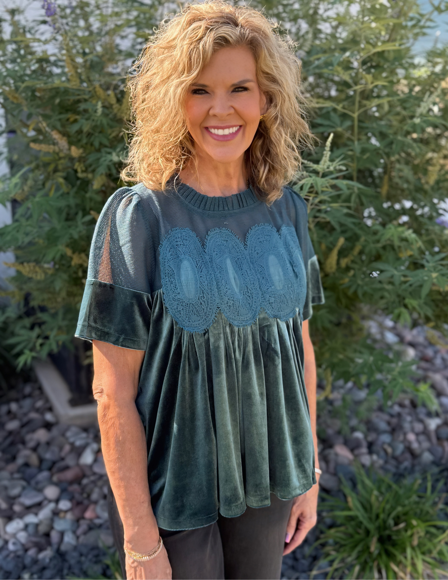 Velvet & Lace Babydoll Top- Teal Green