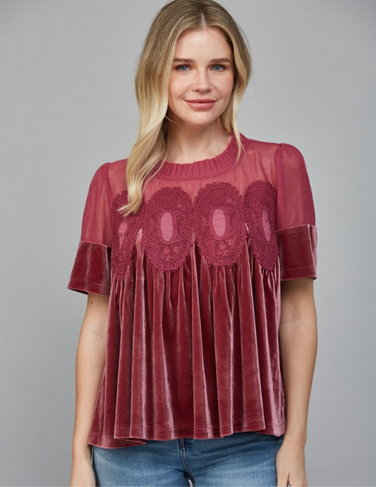 Velvet & Lace Babydoll Top- Woodrose