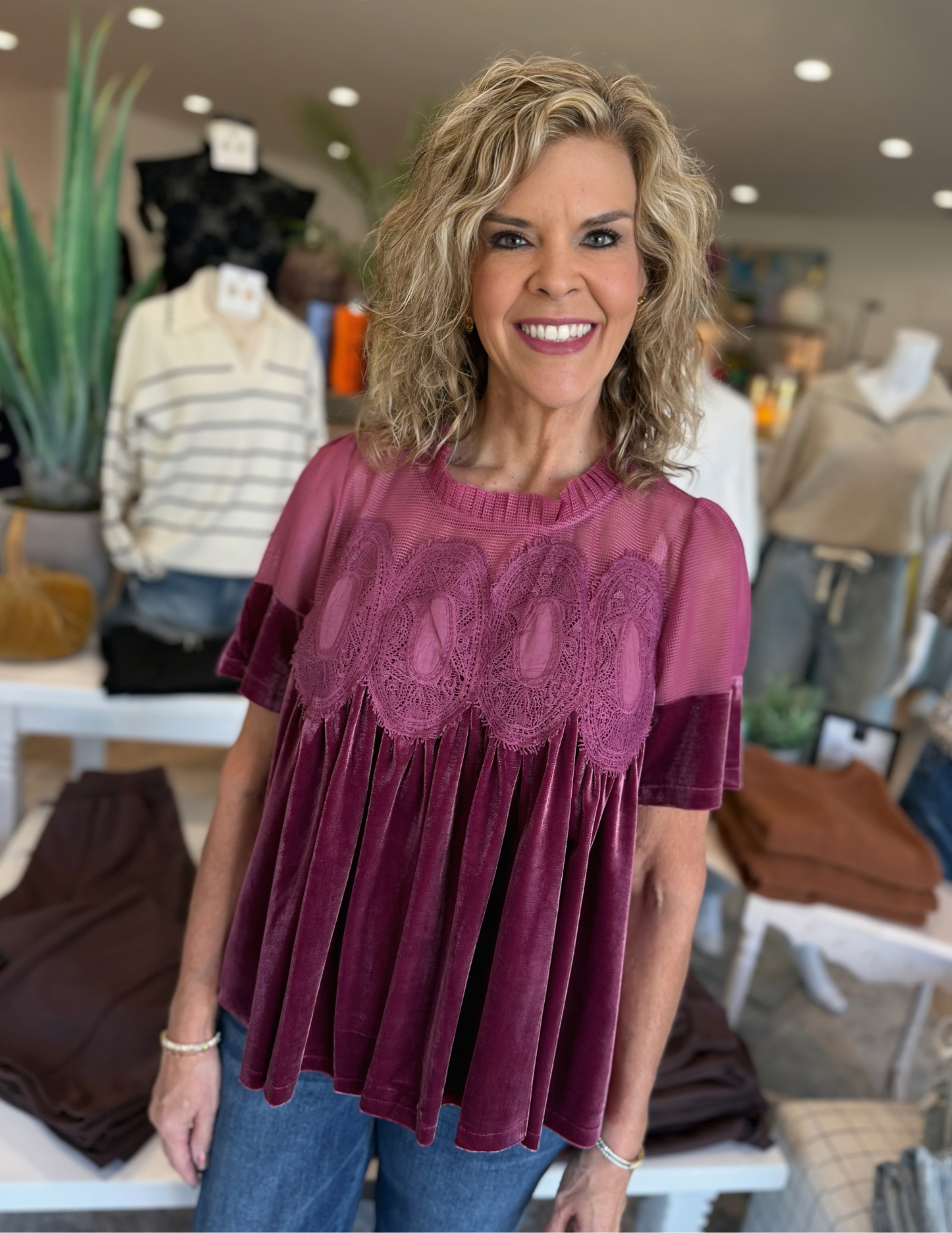 Velvet & Lace Babydoll Top- Woodrose