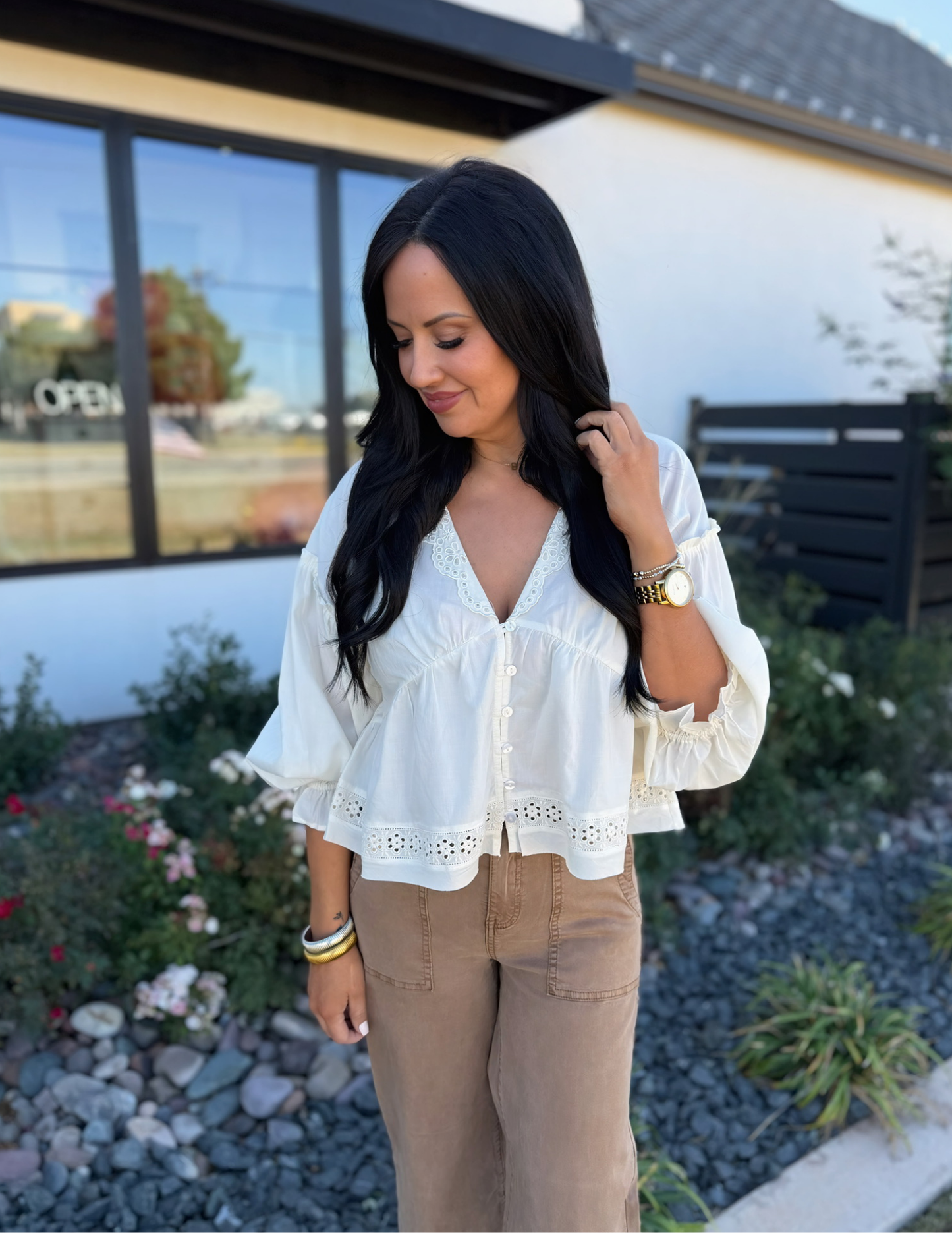 Willowisp Eyelet Collared Top- Ivory