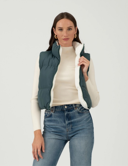Reversible Zip Up Cropped Puffer Vest- Hunter Green