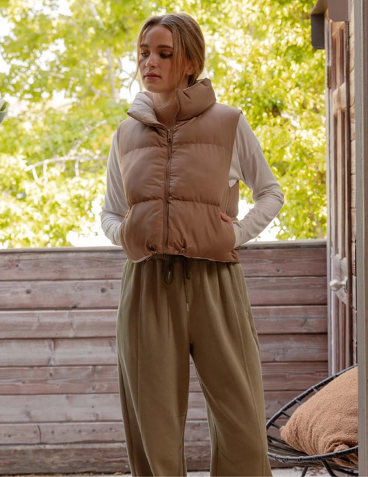 Reversible Zip Up Cropped Puffer Vest- Light Mocha